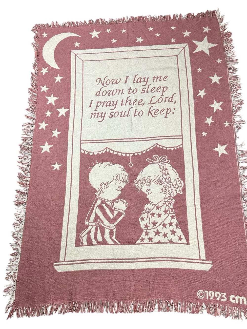 Vintage Children’s Prayer Tapestry Throw Blanket Pink CMI 1993 Now I Lay Me Down